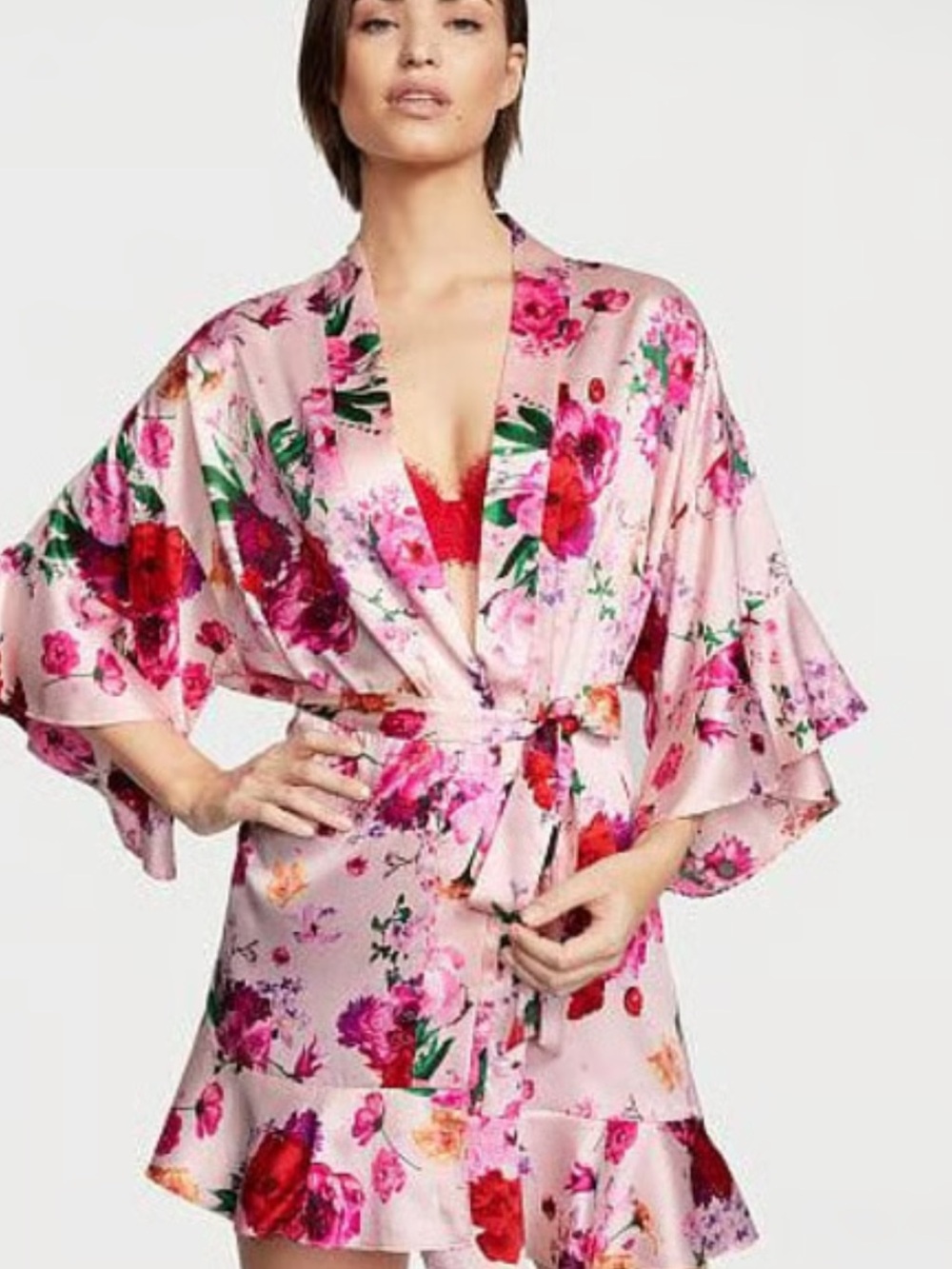 Victoria's Secret Pink Floral Satin Robe with Purple Blooms